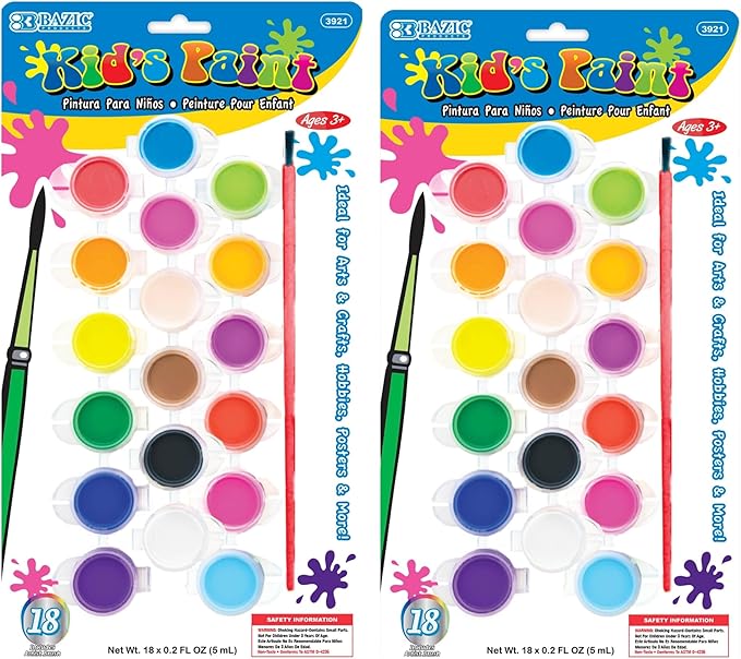 BAZIC Products Kid's Paint w/Brush 60 ml, 18 Colors Non-Toxic Paint Set, for Hobby Fun Vibrant Color Painting Art Supplies, Gift for Kids Artists, 2-Pack