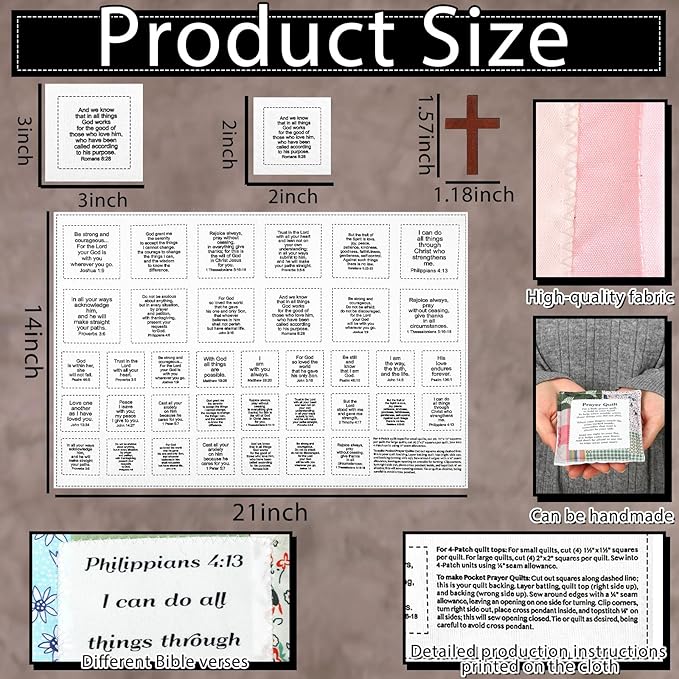 Pocket Prayer Quilt Panel Squares with Small Wooden Crosses Mini Scripture Pocket Prayer Quilt for Friend Family Religious Spiritual Gift Easter Reward Gift(Scripture,Brown)