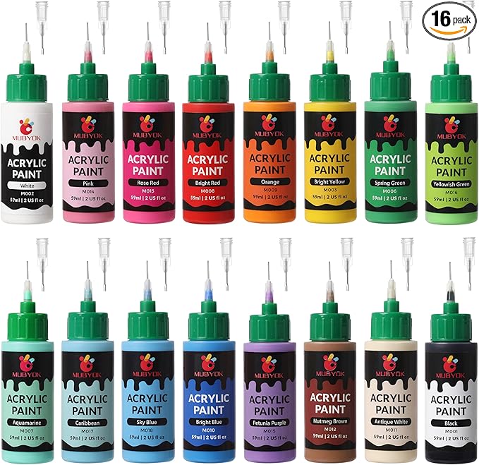 MUBYOK 2oz Matte Acrylic Paint Set with Precision Applicator Cap for Car Freshie Painting, Drawing and DIY Arts & Crafts Supplies for Adults(Pack of 16)