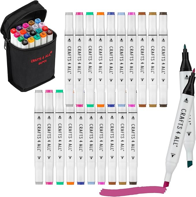 Crafts 4 All Fabric Markers for Clothes - Pack of 20 No Fade, Dual Tip Permanent Fabric Pens - No Bleed, Machine Washable Shoe Markers for Fabric Decorating - Laundry Marker, Erases Stains Easily