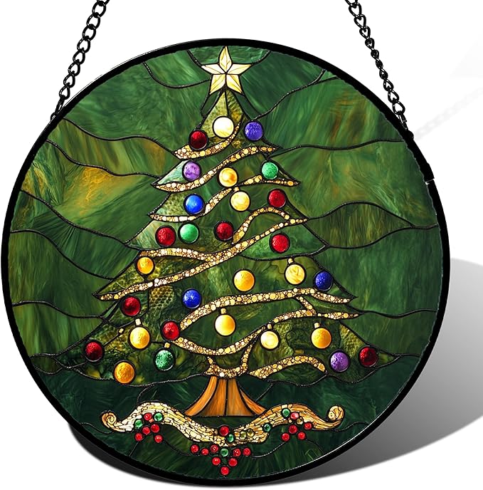 Stained Glass Window Hanging - Green Christmas Tree with Colorful Lights Suncatcher for Doors Home Christmas Decoration Sun Catcher Thanksgiving New Year Birthday Gifts for Women Men Mom Nana 9.8 in