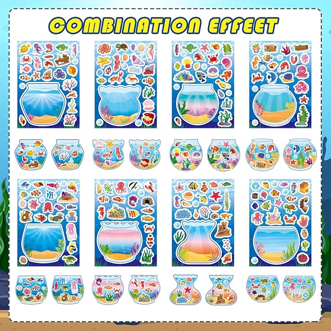24 PCS Ocean Animal Stickers, Make a Face Sticker Sheets for Kids, Make Your Own Sea Animal Fish Tank Scene for Kids Summer Party Favors Activities