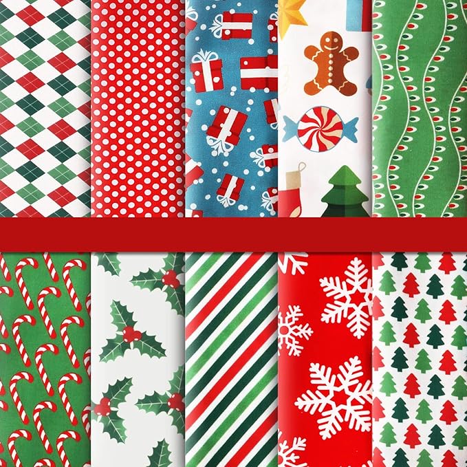 Tatuo 10 Pieces Christmas Cotton Fabric Squares Precut Quilting Patchwork Christmas Snowflake Print Red Green Fabric for Xmas Sewing Crafting DIY Supplies(25 x 25 cm/ 9.84 x 9.84 Inch)