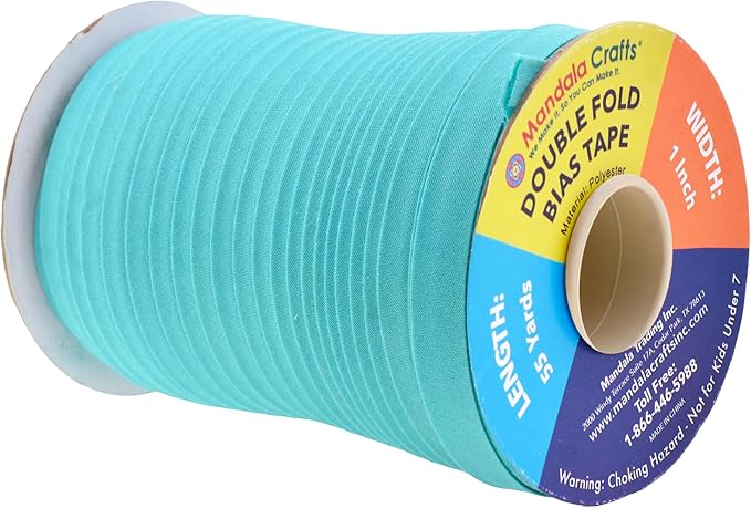 Mandala Crafts 55 Yards 1 Inch Aquamarine Double Fold Bias Tape for Sewing - Bias Binding Tape for Quilting Binding, Hemming, Seam, and Fabric Piping