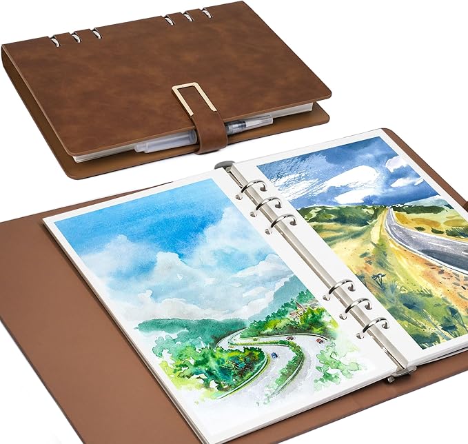 Vienrose 9" x 7" 3 Ring Watercolor Sketchbook, Faux Leather Cover Professional Art Journal with Detachable 24 Sheets 48 Pages, Ideal for Water Coloring, Sketching, Painting, Darkbrown