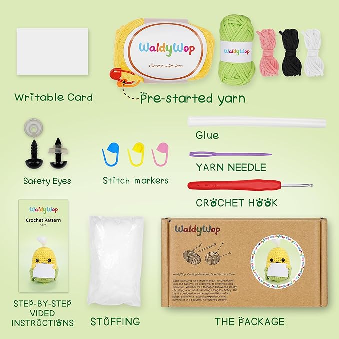 WaldyWop Wobbles Crochet Kit for Beginners: Christmas Gifts for Teen Girls Women w/Positive Card - Craft Kits for Kids & Adults w/Soft Yarn, Step-by-Step Video Tutorials, Corn Crochet Pattern
