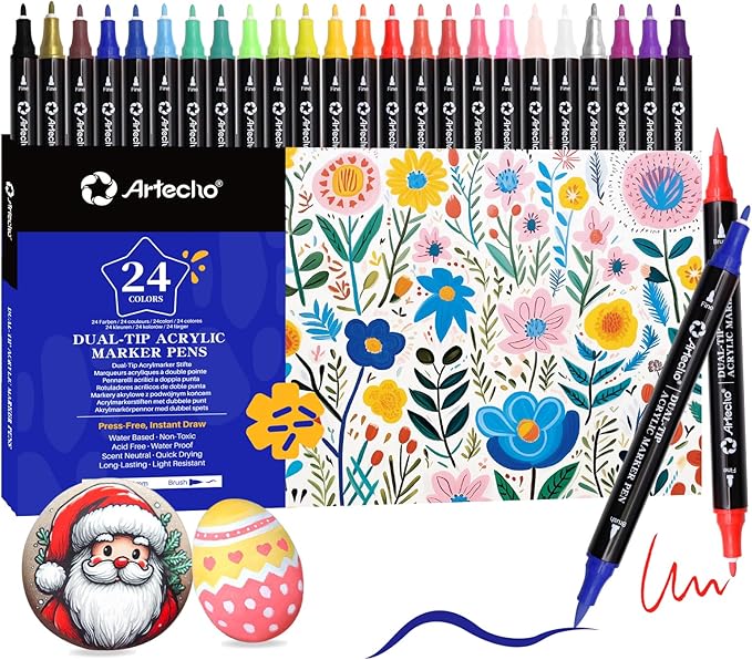 Artecho Acrylic Paint Markers 24 Colors, Acrylic Paint Pens with Brush Tip and Fine Tip for Stone, Rock Painting, Paper, Pumpkin, Wood, Egg, Canvas, Ceramic, Fabric, leather, Glass, DIY Crafts