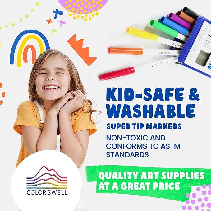 Color Swell Super Tip Washable Bulk Marers Pack 10 Boxes of 8 Vibrant Colors (80 Total)