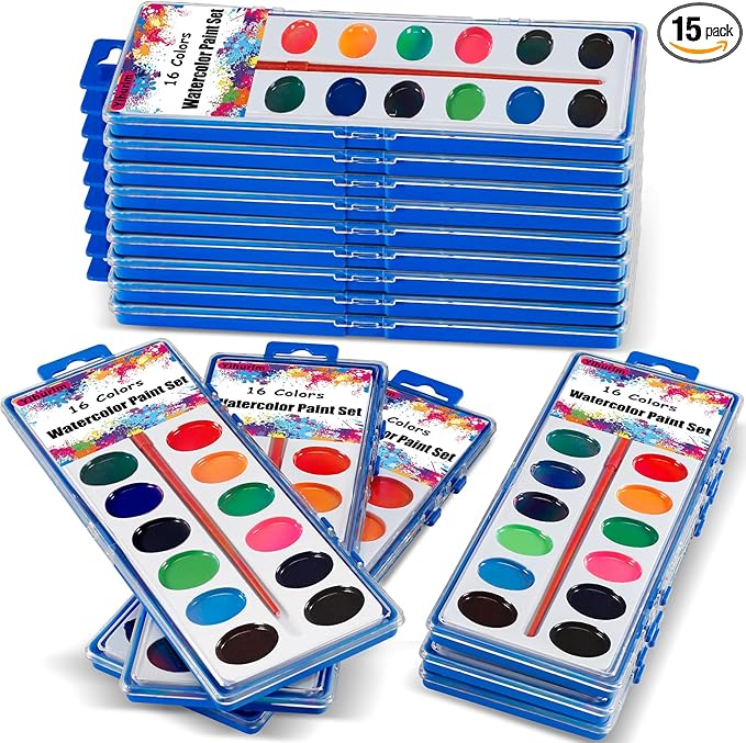 15 Pack Watercolor Paint Set Bulk,Watercolor Paint Set with Paint Brushes for Kids and Adults, Washable Bulk Watercolors for Classroom Kindergarten Parties and Art Activities,16 Colors