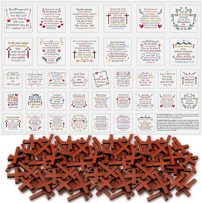 Pocket Prayer Quilt Panel Squares with Small Wooden Crosses Mini Scripture Pocket Prayer Quilt for Friend Family Religious Spiritual Gift Easter Reward Gift(Classic,Brown)