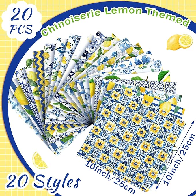 HunnmingRe 20 Pcs 10''x10'' Lemon Quilting Fabric Square Chinoiserie Quiltted Fabric Bundle Blue White Yellow Floral Precuts Printed Patchwork Supplies for Holiday DIY Sewing Craft