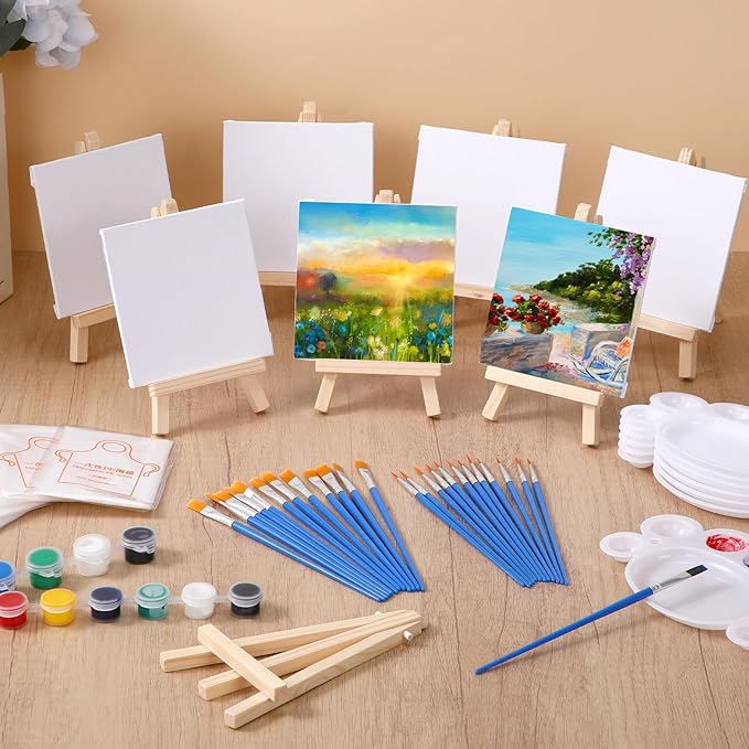 Qilery 24 Set 4 x 4 Inch Mini Canvas Panels and Easel Painting Kit, 12 Colors Acrylic Strips Brush Palettes, Art Painting Kits for Artists Beginners Oil Acrylic Craft Party Favors