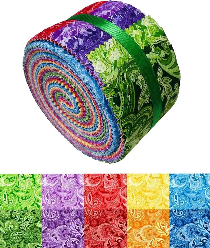 LUMANSUO Jelly Roll Fabric - 10 Assorted Solid Colors, 100% Cotton, 40 Pre-Cut Strips (2.5 x 44 Inch) Fabric for Quilting and Sewing,Paisley