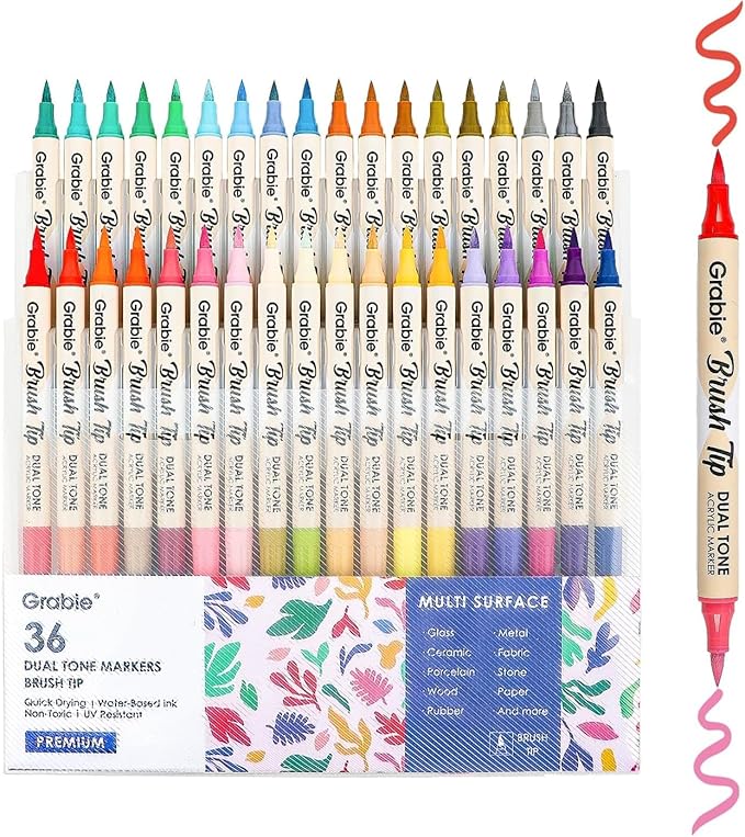 Grabie 72 Colors Acrylic Paint Markers, Soft Brush Tip Acrylic Markers Set, Water Based Acrylic Markers for Wood, Fabric, Canvas, Glass, Stone, Rock Painting and DIY Crafts Art Supplies, Set of 36