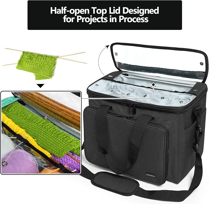 Teamoy Knitting Bag, Yarn Tote Organizer with Inner Divider (Sewn to Bottom) for Crochet Hooks, Knitting Needles(Up to 14”), Project and Supplies, Black -No Accessories Included