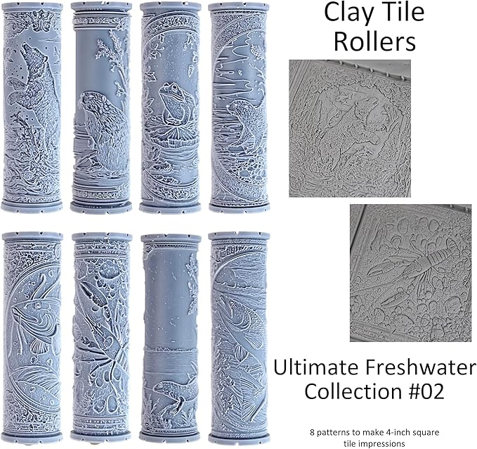 Ultimate Freshwater 8-Set Clay Texture Rollers (4") - Freshwater Set #01 - Embossing Pattern Rollers for Polymer & Ceramic Clay, Pottery & Crafts