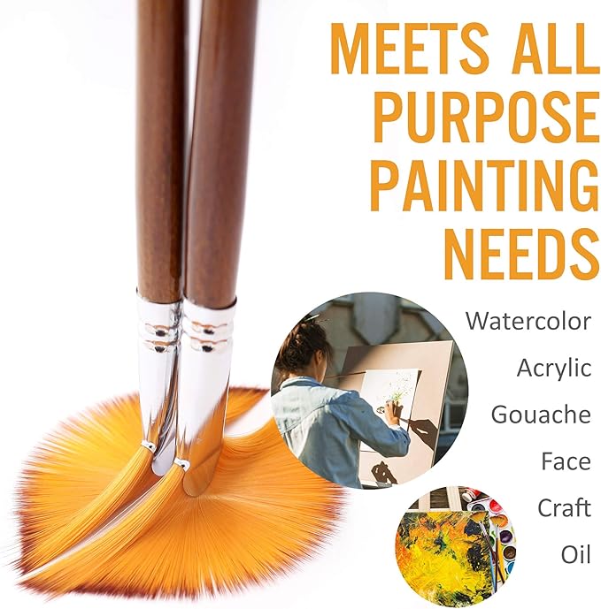 Artist Fan Paint Brushes Set 9pcs - Soft Anti-Shedding Nylon Hair Wood Long Handle Paint Brush Set for Acrylic Watercolor Oil Gouche Painting