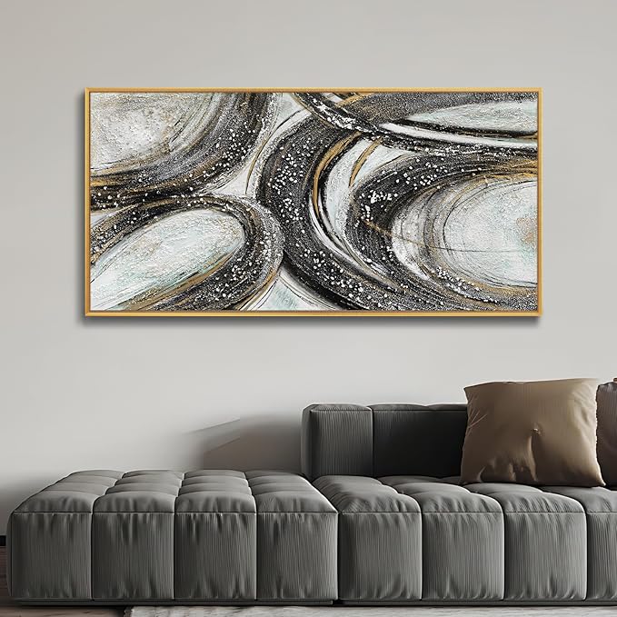 Large Size Abstract Black Gold Circle Handmade Oil Painting Original Design Hand Painted Wall Painting Modern Heavy Textured Wall Art Minimalist White Canvas Artwork for Living Room Bedroom 60x30 inch