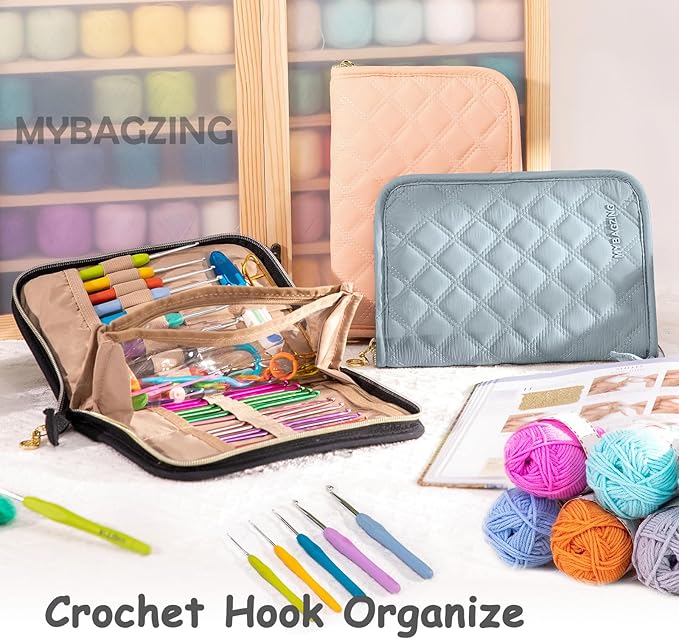 MYBAGZING Crochet Hook Case – Empty Organizer with 24 Slots for Crochet Hooks & Ergonomic Aluminum Crochet Needles, Zipper Pocket for Accessories and Supplies