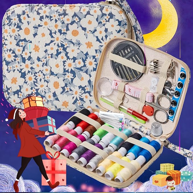 Daisy Sewing Kit Printing Sewing Kit,Professional Sewing Supplies for Adults, Zipper Sewing Needles Set, 87 PCS Travel Sewing Accessory for Emergency, Home