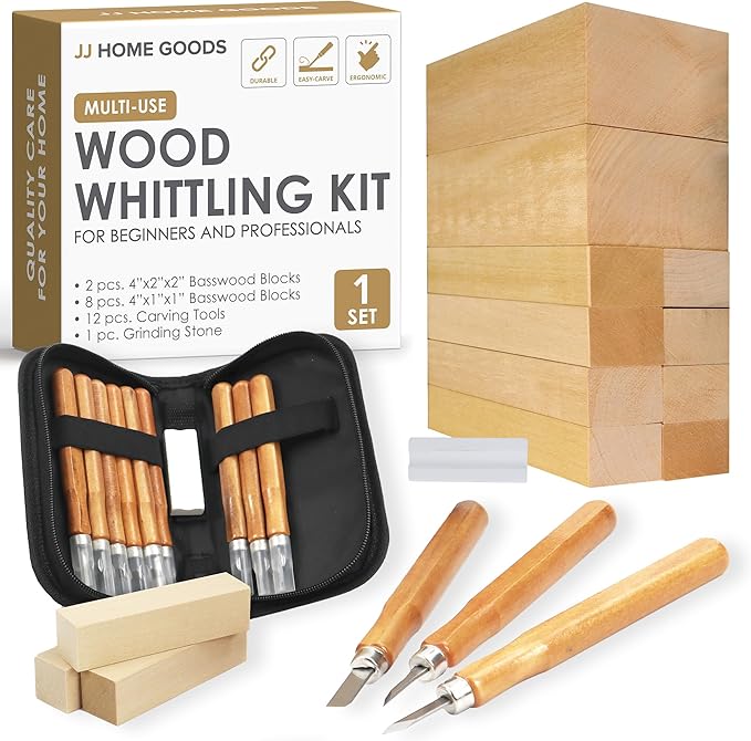 JJ CARE Wood Carving Kit, 24pcs Wood Whittling Kit with 12 SK2 Steel Carving Knives, 10 Basswood Blocks, 1 Grinding Stone & Storage Case, Gift Set for Beginners & Adults