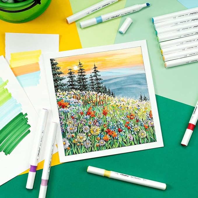 Ohuhu Alcohol Markers Brush Tip: Double Tipped Art Marker Set for Artists Adults Drawing Sketching Illustration - Brush Chisel Color Markers - Pack with 94 Vibrant Colors 2 Marker Cases 2 Blenders