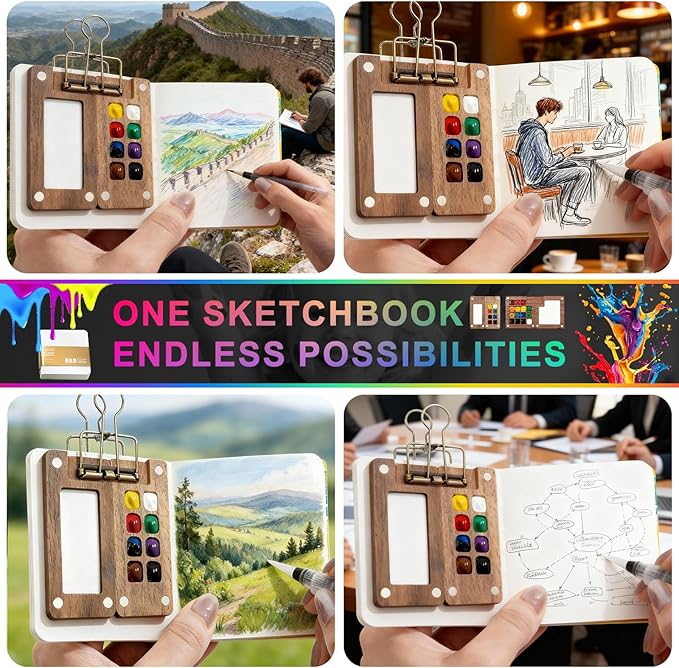 Mini Watercolor Travel Set, 12/24 Color Pocket Painting Kit with Wooden Palette, Watercolor Sketchbook & Pen, All-in-One Portable Art Supplies for Artists & Travel Journaling