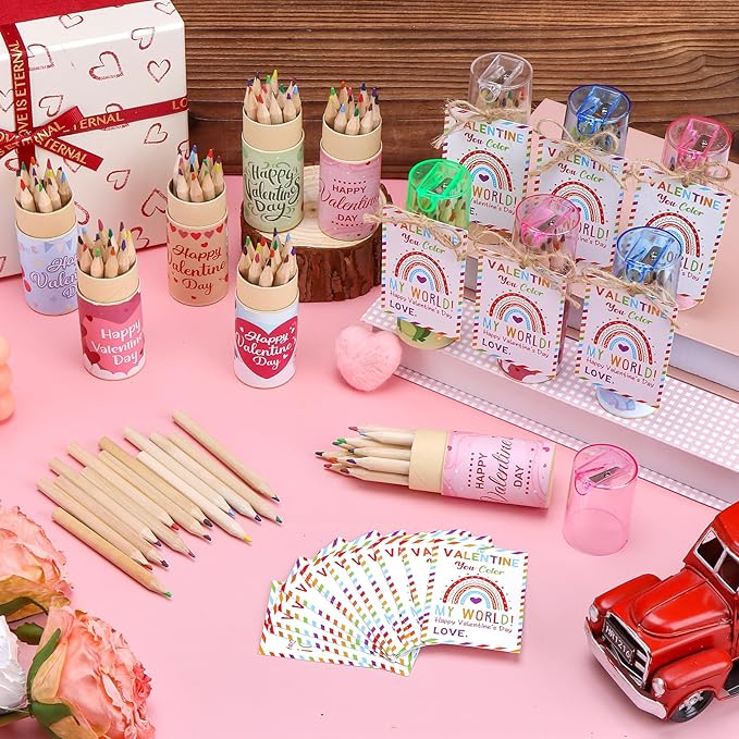 36 Pack Valentine Mini Colored Pencils with Sharpener in Tube Valentine's Day Party Favor with Valentines Cards,Come with Jute Rope for Adults Writing Sketching Painting,12 Colors