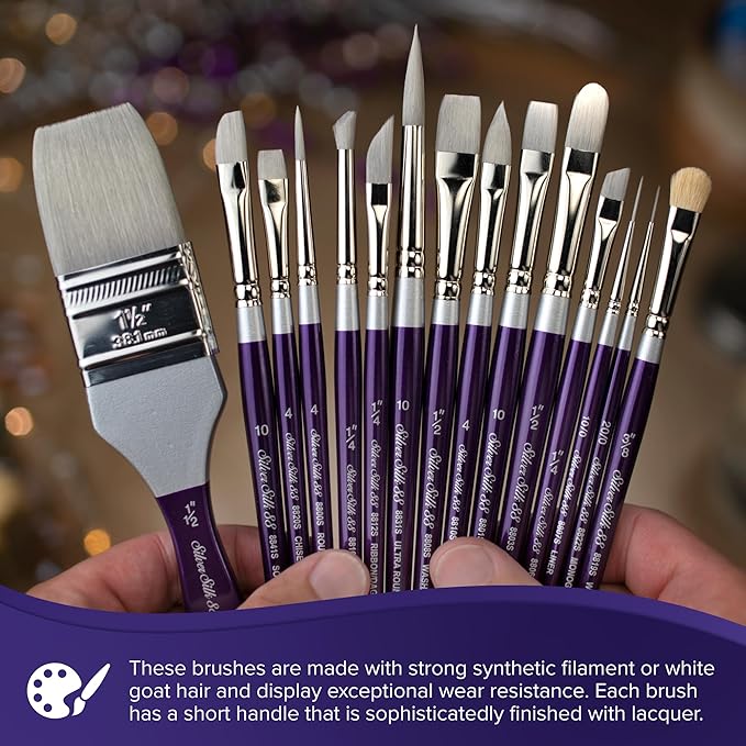 Silver Brush Limited SK-8113S Silver Silk 88 Variety Set, 4pc Short Handle Premium Paintbrushes for Acrylic, Watercolor, Gouache, Inks, & Dyes, Round, Oval Cresent, Angle, and Chisel Blender Brushes
