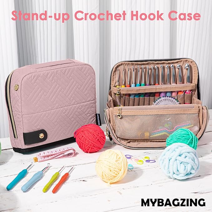MYBAGZING Crochet Hook Case with 14 Size Crochet Hooks Set 2mm(B)-10mm(N) Ergonomic Crochet Hooks with Crochet Case Stand Up - Crochet Hook Organize for Crochet Lovers, Crochet Kit for Beginners