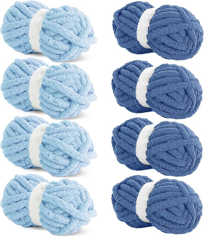 HOMBYS 8 Pack Assorted Chunky Yarn for Crocheting,Super Bulky Large Soft Fluffy Yarn,Plush Fuzzy Yarn,Thick Chenille Yarn for Hand Knitting/Arm Knitting,Blue(27yds,8 oz Each Skein)