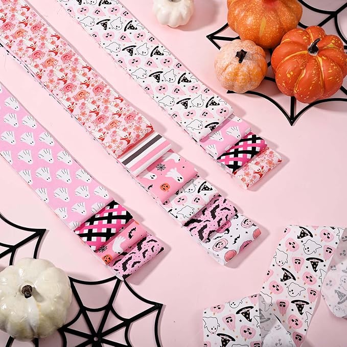 40Pcs Pink Halloween Cotton Jelly Fabric Strips Pumpkin Ghost Bat Fabric Strips for Quilting Crafting Precut Patchwork for Halloween Sewing DIY Crafts Decor