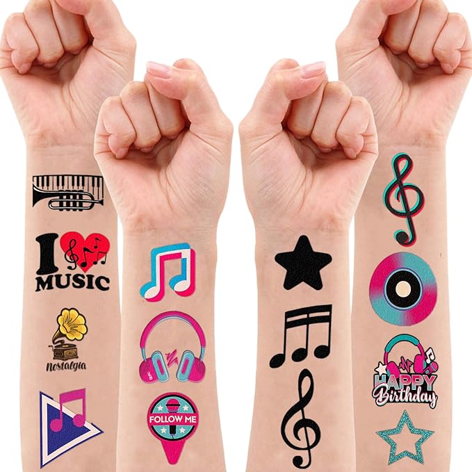 (96PCS) Music Note Notes Musical Motivational Pre-Cut Temporary Tattoos for Kids Birthday Themed Party Supplies Decorations Favors Super Cute Instrument Stickers Tattoo Gifts for Boys Girls Rewards