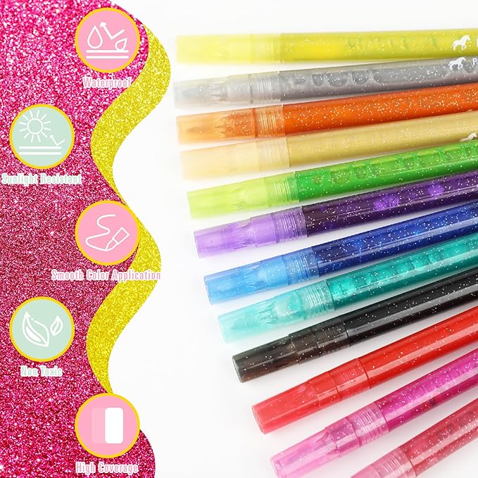 24 Colors Glitter Markers, 0.7mm Extra Fine Tip Sparkling Acrylic Paint Pens for Crafts, Adult Coloring, and DIY Projects on Paper, Rock, Wood, Glass and Fabric
