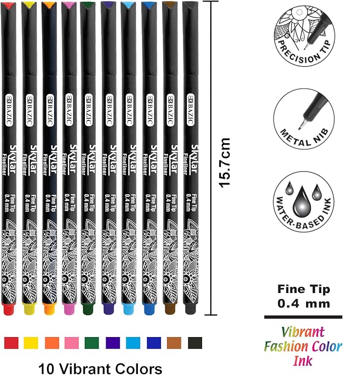 BAZIC Products Skylar Fineliner Pen, Fine Tip 0.4mm Pens, Assorted Colors, Writing Drawing Bullet Journaling for Art Graphic Office School, 10 Count, 2-Pack