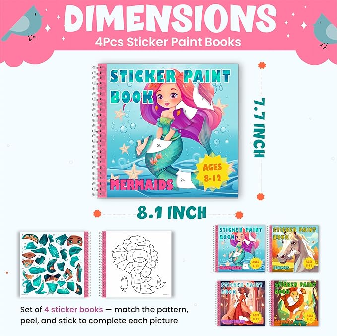 BulbaCraft 4Pcs Sticker Paint Books - Sticker Books by Number with Mermaids, Princesses, Animals and Horses - Coloring Activity