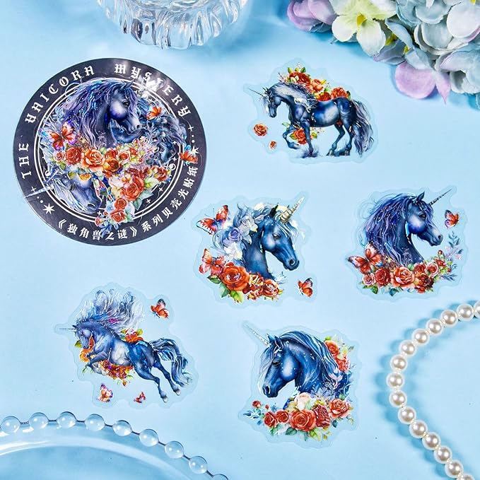 Yoksas 60Pcs Fantasy Holographic Unicorn Stickers - Waterproof Aesthetic Floral Scrapbooking Craft Decorative Stickers for Journaling, Planners, Collage Album