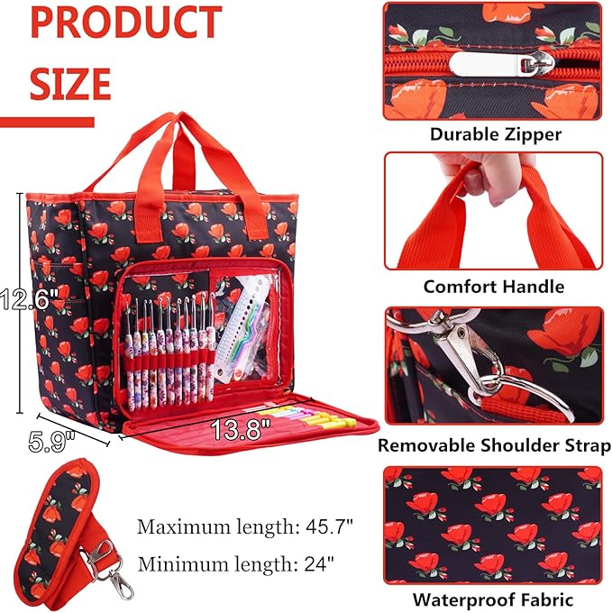 Mdoker Knitting Bags and Totes Organizers Large Crochet Bag Lightweight Yarn Bags for Travel Yarn Storage Organizers for Crochet Hooks,Yarn,Knitting & Crochet Supplies(Red Rose)