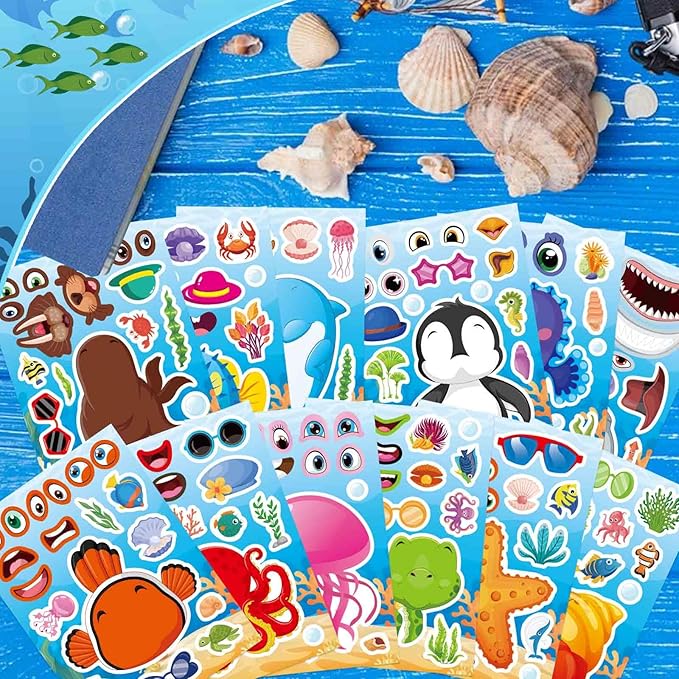 24PCS 8.26"x5.9" Ocean Stickers for Kids, Make Your Own Sea Animal Mix and Match Sticker Sheets, Make a Face Stickers, Summer Sticker for Kids 3-5 Birthday Party Favor, Teacher Reward