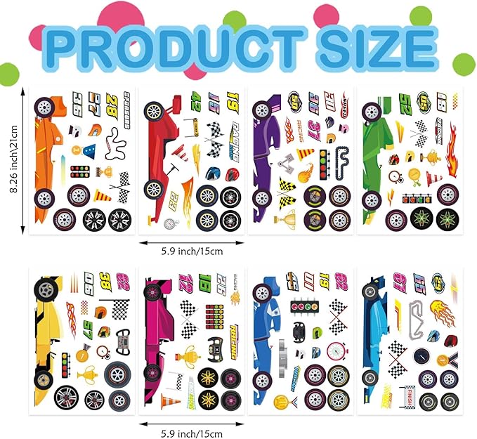 24 Sheets Car Stickers for Kids, Race Car Theme Waterproof Paper, DIY Race Car Stickers, Party Favors