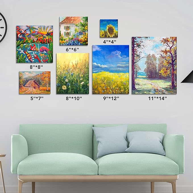 ESRICH Canvases for Painting, 36 Pack Canvas Boards 4x4, 6x6, 8x8, 5x7, 8x10, 9x12, 11x14, Round Canvas Panels with 8x8,10x10-Cotton Primed Blank Large Canvases for Acrylic, Oil, Gouache & Tempera.