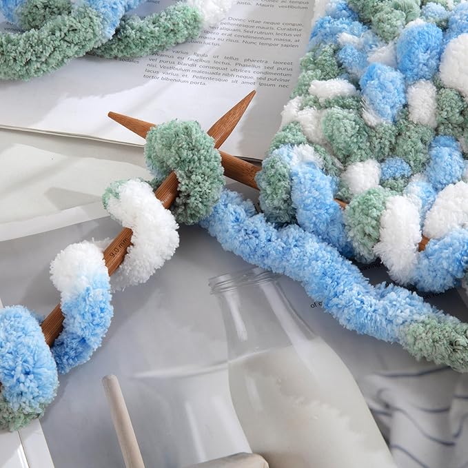 HOMBYS 8 Pack Giant Chunky Yarn for Crocheting,Super Bulky Large Soft Fluffy Yarn,Tie Dye Plush Fuzzy Yarn,Mixed Color Thick Chenille Yarn for Hand Knitting/Arm Knitting (Sky Blue,Green,White)