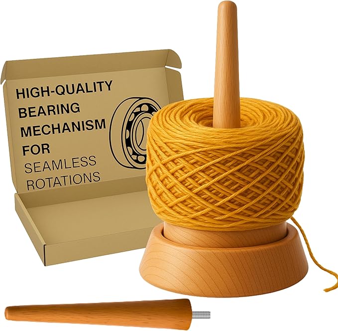 Kraftica Beech Wood Yarn Holder, Tangle-Free Yarn Spinner for Knitting & Crochet with Smooth-Rotation Bearing, Heavy Base, Two Spindles & Anti-Slip Rubber Feet, 22 lb Capacity for Chunky Yarn.