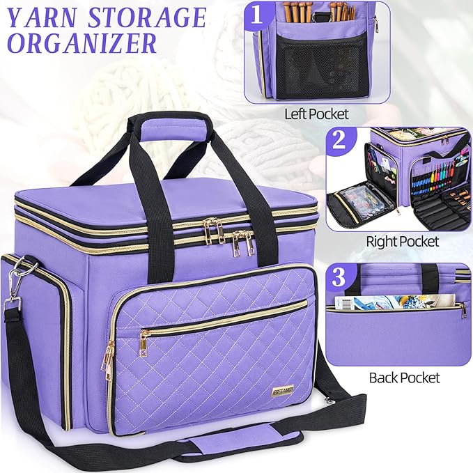 Knitting Bag Yarn Storage Tote, Large Crochet Organizer Bag, Yarn Holder Case for Knitting Needles, Knitting Project Bag with Inner Divider for Crochet Hooks, Knitting Accessories, Purple
