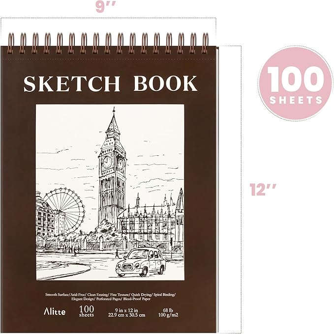 Sketch Book 2-Pack Spiral Bound Sketch Pad 100 Sheets - 9x12 Sketchbook (68lb/100gsm) Acid-Free Drawing Pad, Perforated Pages, Premium-Thick Paper - for Kids and Adults, Dry Media Use