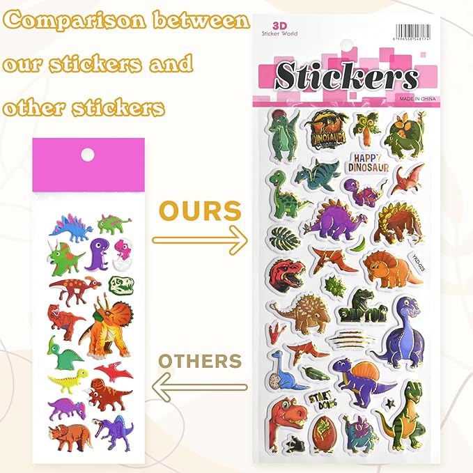 3D Stickers for Kids Toddlers 12 Sheets, 379 Pcs Gold Stamping Puffy Stickers for Boys Girls, Preschool Sticker for Reward, Scrapbooking Including Animal, Letters, Numbers, Dinosaurs, Cars and More
