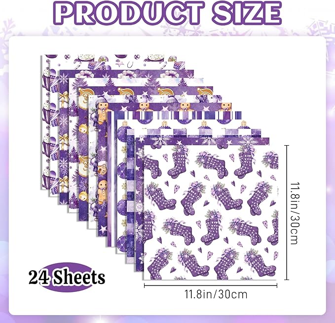 24 Sheets Christmas Scrapbook Paper 12'' × 12'' Double-Sided Watercolor Xmas Purple Pattern Paper Decorative Art Cardstock for Holiday DIY Crafts Card Making Scrapbook Supplies
