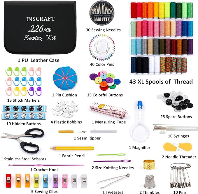 Large Sewing KIT, 226 PCS Premium Sewing Supplies with 43 XL Thread Spools, Leather Case, Scissors, Thread, Needles and Accessories, Sewing Set for Adults, Emergency, and Home by Inscraft