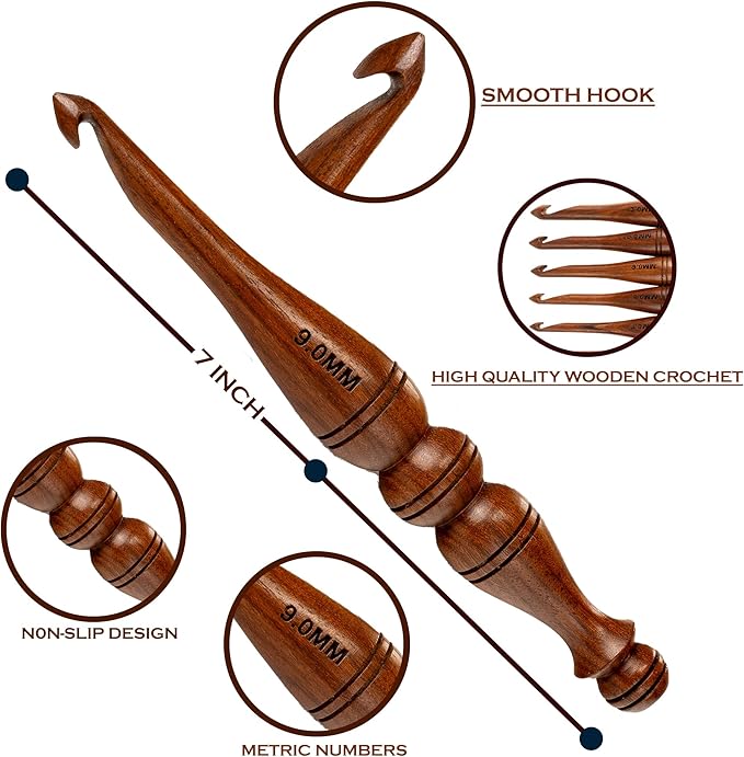 Bhartiya Handicrafts Wooden Crochet Hooks Set of 12 - Ergonomic Rosewood Knitting Needles with Engraved Design, Various Sizes (3.5mm to 12mm)