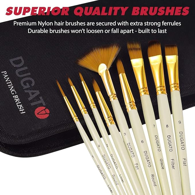 DUGATO 15pc Artist Paint Brush Set with Pop-Up Case, Palette Knife & Sponges - Nylon Hair for Acrylic, Oil, Watercolor, Gouache, Model & Craft Painting